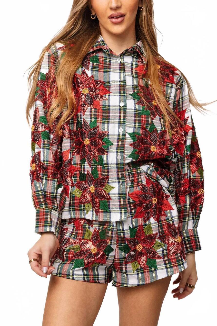 NEW QUEEN OF SPARKLES plaid poinsettia cotton button up top in red
